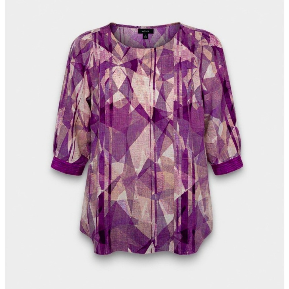 NWT:‎ Alfani Women's 1X Purple Geometric Print 3/4 Sleeve Pleated Blouse Top